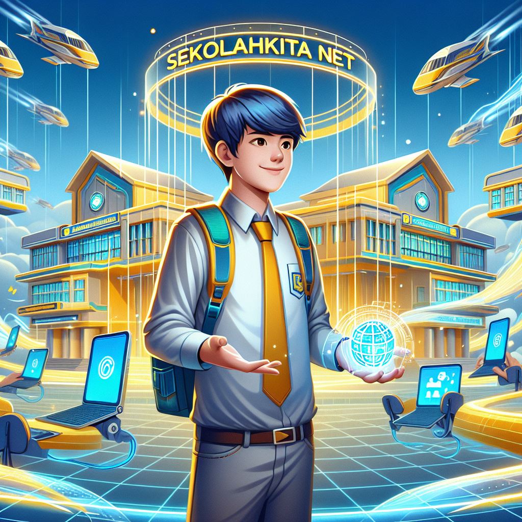"Seorang siswa Indonesia dengan penuh antusias melakukan presensi digital di sekolah melalui aplikasi Sekolahkita.net. Latar belakang sekolah futuristik dipenuhi warna kuning dan biru yang memukau, menciptakan atmosfer pendidikan masa depan. Judul 'sekolahkita.net' menonjol, memancarkan semangat untuk masa depan pendidikan yang cerah."